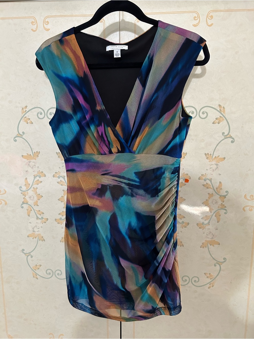London Style Multicolor V-Neck Mini Dress in Blue, Teal & Purple
